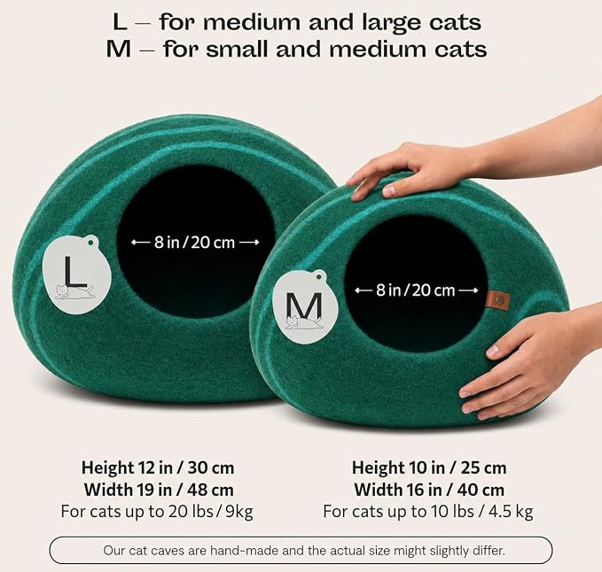 MEOWFIA Cat Cave – Premium Felt Cat Bed Enclosure for Indoor Cats, Handmade Merino Wool (Emerald, Medium)