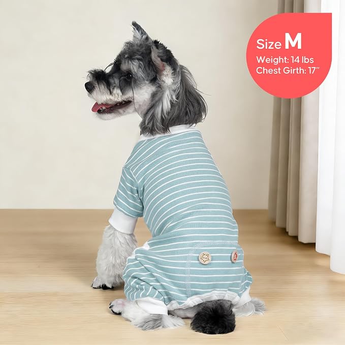 KYEESE Dog Pajamas Stretchable 4 Legs Doggie Jammies Striped Jumpsuit Lightweight Onesie Puppy Pajamas Cozy Outfit Comfortable Dog Clothes Hair Shedding Cover Pet Sleepwear, Green Striped, Medium
