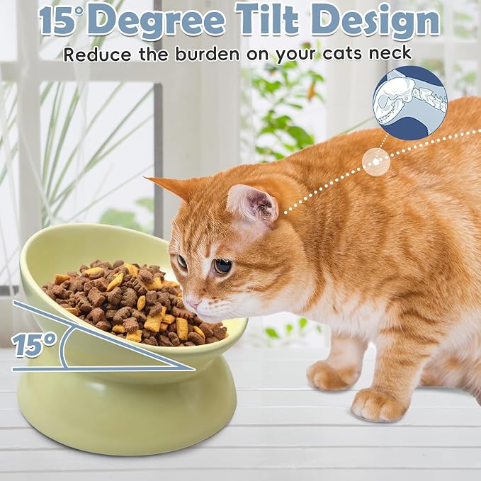 kathson 4 Pcs Ceramic Raised Cat Bowls, Elevated Tilted Cat Food Bowl, Anti Vomiting Pet Food Bowl, Colorful Porcelain Pet Feeder Dish for Cats and Small Dogs,Stress Free, Whisker Fatigue