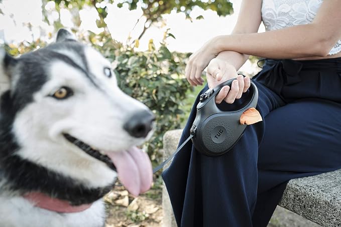 TUG Oval 360° Tangle-Free Retractable Dog Leash with Integrated Waste Bag Dispenser (Small, Black)