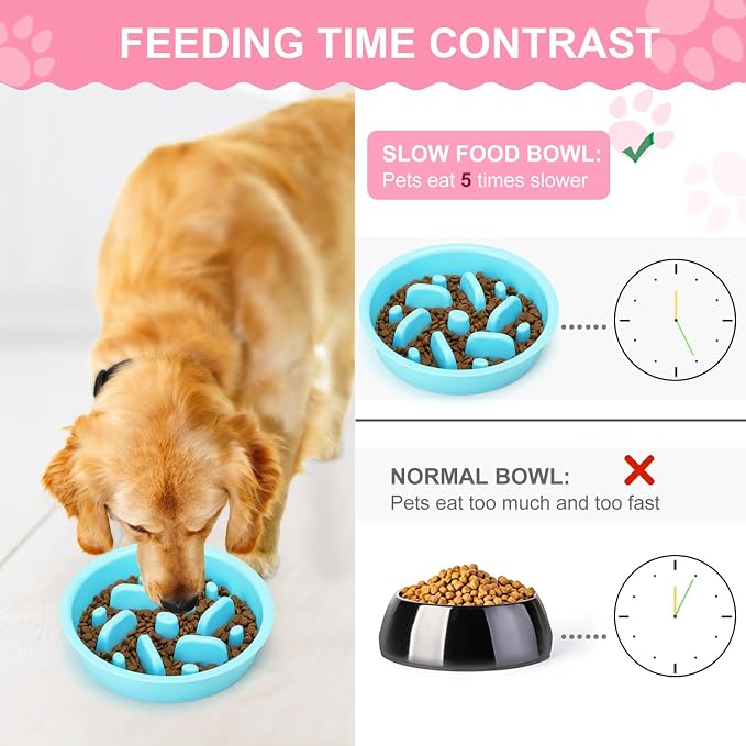 Slow Feeder Dog Bowls 3 in 1 Stainless Steel Food Water Bowl to Slow Eating | Durable, Non-spill & Non-skid with Silicone Mat Design, Slow Down Eating, Suitable for Small Medium Large Dogs and Cats