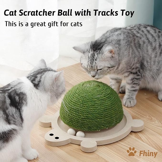Fhiny Cats Scratching Ball, Natural Sisal Scratching Toy with Roller Track Toys and Wooden Base Kitten Turtle Shape Scratch Post for Indoor Cats Interactive Training Exercise Scratcher for Small Pets