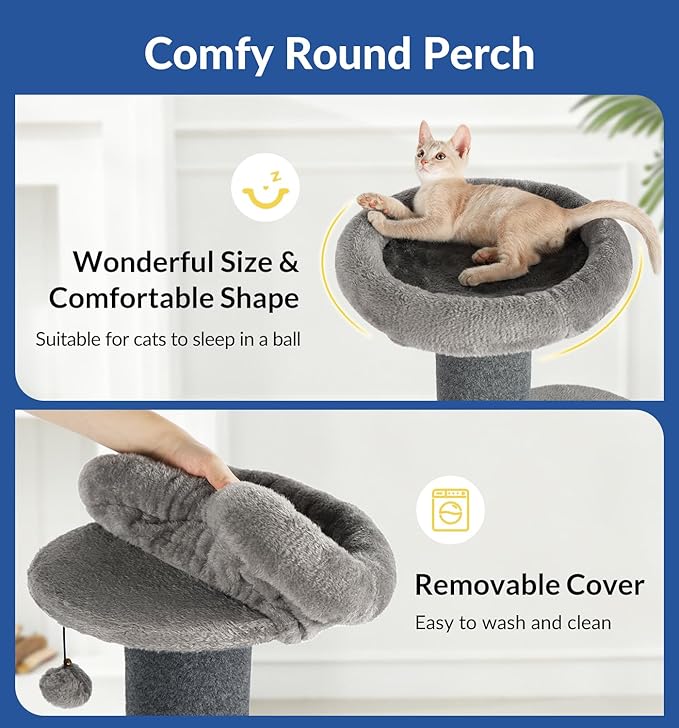Cat Craft 43" Short Plush Cat Scratching Post with Perch & Bed, Dark Grey | 43in multi-level cat tower, plush scratch pole, layered platforms, top resting bed & hanging toy for indoor cat play and nap