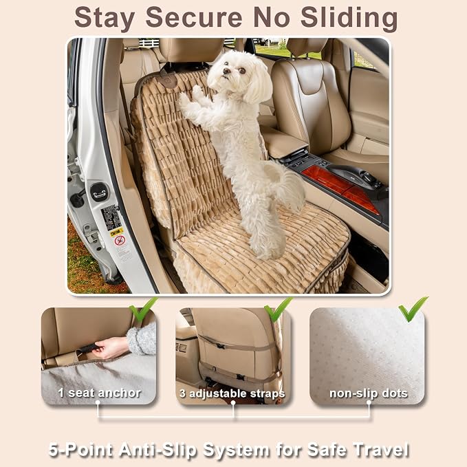 Dog Car Seat Cover Front Seat, Soft Plush Waterproof Protector,Tan | Non-Slip Backing, Side Flaps, Full Coverage, Hair, Dirt & Scratch Defense, Machine Washable, Fits Cars, SUVs & Trucks