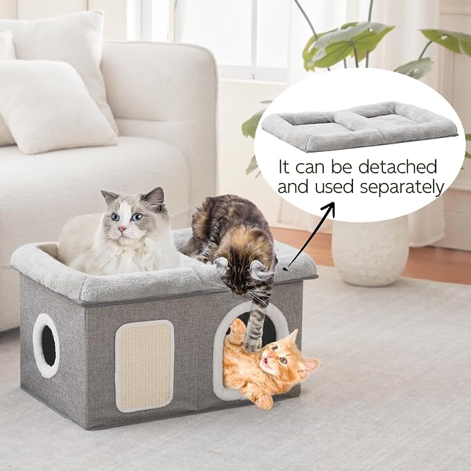 WINDRACING Cat House for Indoor Cats - 24.4" W Extra Wide Cat Bed Cave for Double Small Cats and Foldable with Scratch Pad, Cat Hideaway Condo for Kitten, 24.4x16.9x14.2 Inches, Light Grey