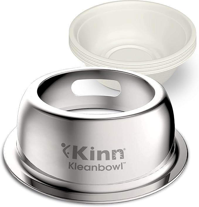 Kinn Kleanbowl Pet Bowl Stainless Steel Frame, 32 oz | Compostable Refills, Spill-Proof Stable, Disposable, Easy Cleaning, No Plastic