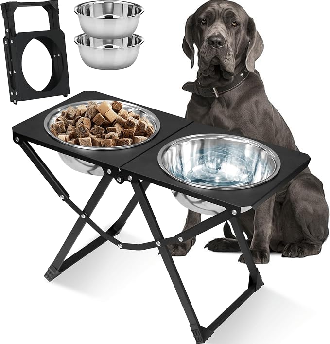Foldable Elevated Dog Bowl Holder with 2 Large 111oz Stainless Steel Bowls, 14.5" Tall Raised Dog Bowl Stand for Large/Extra Large Breeds, Indoor and Outdoor Use