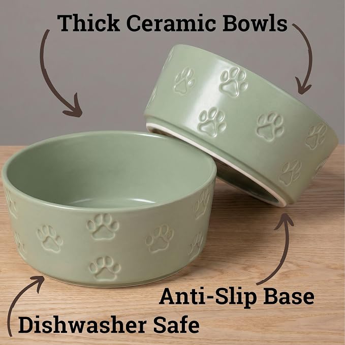Ceramic Dog Bowl Set of 2 w/ Anti-Skid Base 6.5"W x 2.5"H, 3.8 Cup Capacity | Thick Ceramic, Dishwasher Safe, Anti-Skid Rubber Base, 3.8 Cups per Bowl, Ceramic Food & Water Bowls Set of 2 for Medium Dogs
