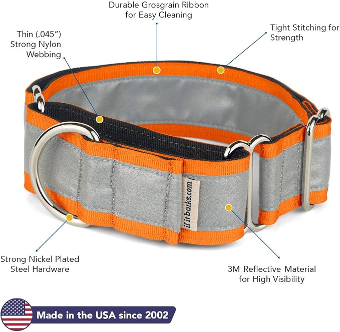 If It Barks - 1.5" Reflective Martingale Collar for Dogs - Adjustable - Made in USA - Strong, Durable, and Comfy - Ideal for Training - Suitable for Most Breeds - Large, Orange