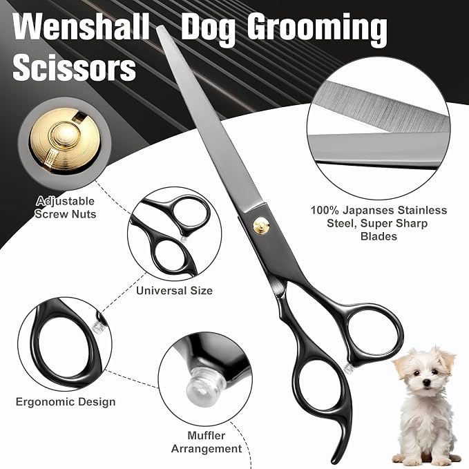 Wenshall Professional Dog Grooming Scissors Set, 7.0 Inch Titanium Straight & Thinning & Curved scissors and Comb for Dog grooming (Black)
