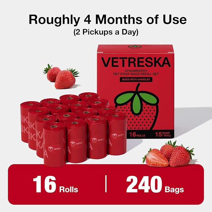 VETRESKA Dog Poop Bag with Handles 240 Count, Strawberry Scented Waste Bag | Leak-Proof Thick Dog Bags for Poop, Easy-Tie Large Poop Bags, 16 Refill Rolls for Dog Walking Cat Litter