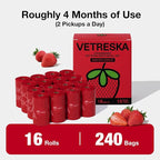 VETRESKA Dog Poop Bag with Handles 240 Count, Strawberry Scented Waste Bag | Leak-Proof Thick Dog Bags for Poop, Easy-Tie Large Poop Bags, 16 Refill Rolls for Dog Walking Cat Litter