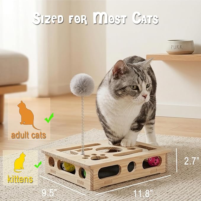 Cat Nail File Scratcher - Solid Wood Puzzle Enrichment Box for Indoor Cats | Interactive Cat Puzzle Box with Cat-Safe 100 Grit Pad for Cat Claw Care,4 Bell Balls, Spring Teaser,Tool-Free, Splinter-Free