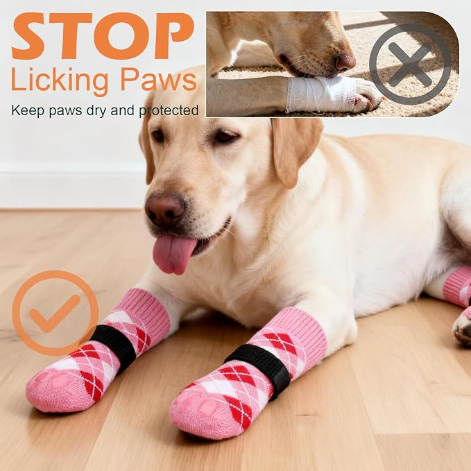 EXPAWLORER Dog Socks to Prevent Licking Paws,Dog Shoes for Hot Pavement,4 Pcs Double Sided Anti Slip Dog Socks with Grippers,Dog Booties for Small Medium Large Senior Dogs,British Style,Pink L