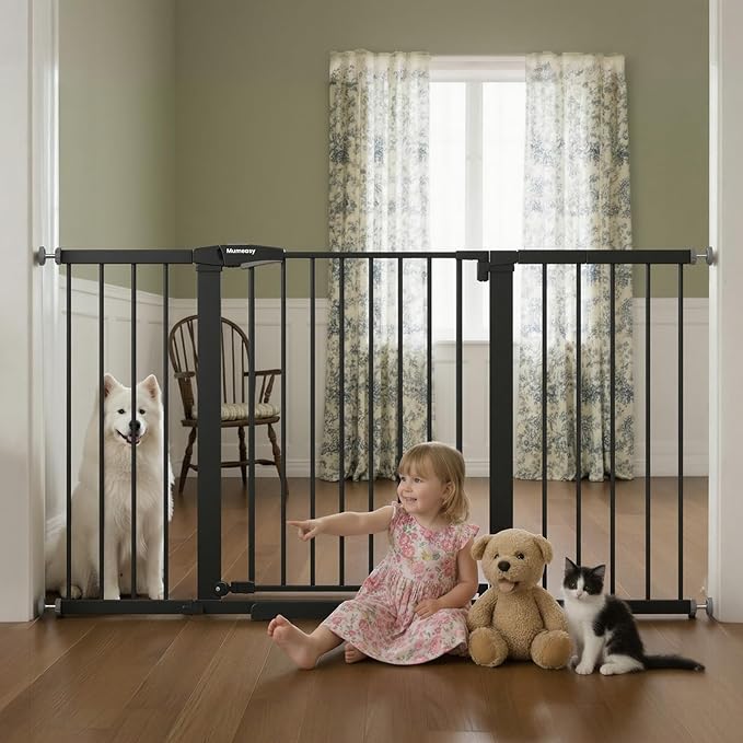 Mumeasy 36" Extra Tall Baby Gate for Doorways, 29.7"-57" Extra Wide Dog Gate for Stairs, Pressure Mounted Auto Close Pet Safety Gate with Easy Walk Thru Door, Large Indoor Child Gate for House, Black