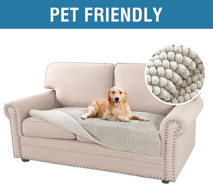 H.VERSAILTEX Plush Chenille Dog Bed Cover Thick Soft Sofa Covers Loveseat Cover for 2 Cushion Couch Anti Slip Couch Cover Furniture Protector for Dog, Pet, Cat (35" x 62", Oatmeal)