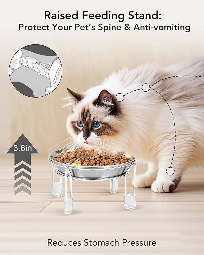 Elevated cat Bowl 3PC, 6.3" Wide Raised Cat Bowl | Stainless Steel Cat Food and Water Dishes, Small Dog Bowl, Whisker Friendly, Anti-Vomiting, Neck Stress-Free Bowl Stands