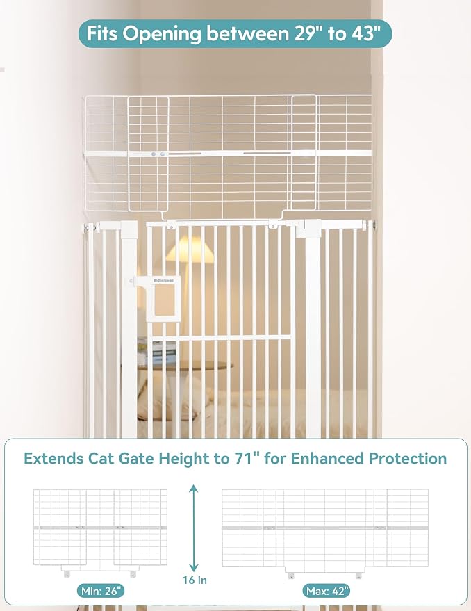No Pawblems 71" Extra Tall Pet Gate, 29"-43" Wide Pressure Mounted, White | 1.37" Ultra Narrow Spacing, Auto-Close Tall Cat Gate for Doorway, Dual-Lock, One-handed Operation