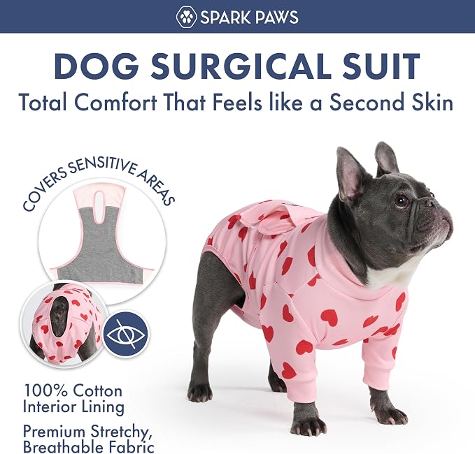 Spark Paws Dog Surgery Recovery Suit – Dog Recovery Suit After Surgery, Anti-Lick Dog Onesie, Abdominal Wound Protector, Soft Cone Alternative for Spay Neuter Male Female Pet Recovery, Pink Hearts,3XL