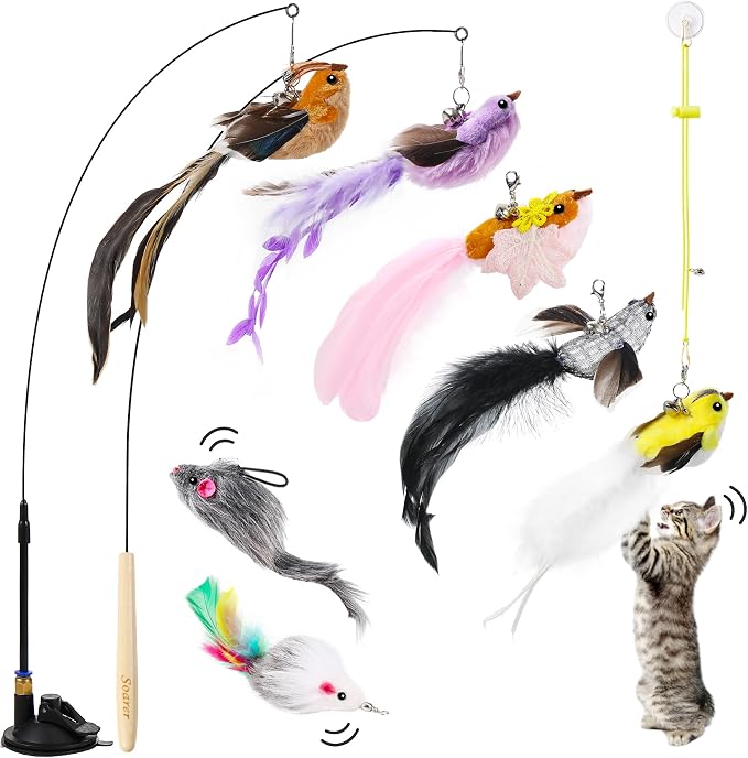 Soarer 3in1 Flying Bird Cat Wand Toys with Suction Cup for Indoor Cat,7Pcs | Enhanced Suction Cup,Interactive Cat Fishing Pole Toy Replacement and Door Hanging Cat String Toy for Indoor Kitten Self Play