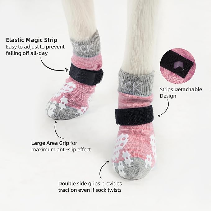 PUPTECK Anti-Slip Dog Socks with Double Sides Grips for Small Medium Large Dogs Hardwood Floors Prevents Licking, Dog Shoes for Hot Pavement Traction Control Paw Protector for Senior Dogs, Pink XXL
