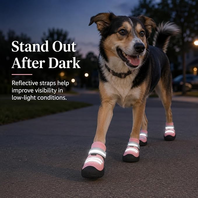 Dog Boots, Waterproof Dog Shoes with Reflective Straps, Rugged Anti-Slip Sole Paw Protectors for Medium Large Dogs, Breathable Pet Booties for Hot Pavement, Snow, Hiking, 4Pcs