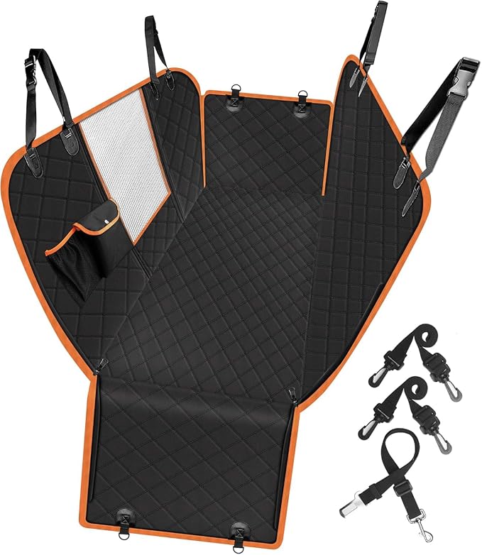 Femuar Dog Car Seat Cover, Waterproof Nonslip Pet Seat Cover for Back Seat with Storage Pockets Mesh Visual Window, Heavy Duty Scratchproof Pet Dog Seat Cover Hammock for Cars Trucks and SUVs