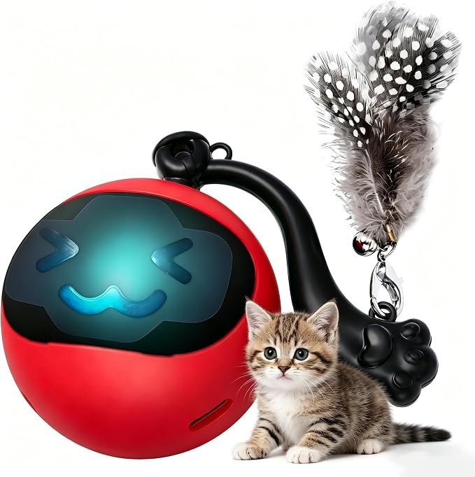 Interactive Cat Toy Ball, Automatic Self-Rolling Cat Toy with Feather Tail, Rechargeable Smart Cat Ball for Indoor Cats（Red）