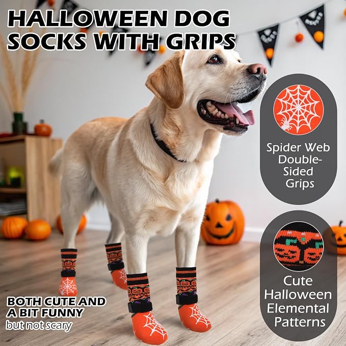 EXPAWLORER Halloween Anti Slip Dog Socks to Prevent Licking Paws, Boots & Paw Protectors with Spider Web Grippers,Doggie Booties for Hardwood Floors for Small Medium Large Senior Dogs Orange Pumpkin S