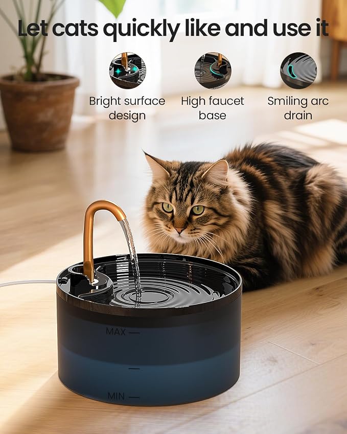 MISFANS Cat Water Fountain with 3-Pack Replaceable Filters,Copper Faucet | 71oz/2.1L Cat Fountain for Drinking, MISFANS-Designed Pump & Filter, Plastic Automatic Pet Water Fountain Bowl & Dispenser