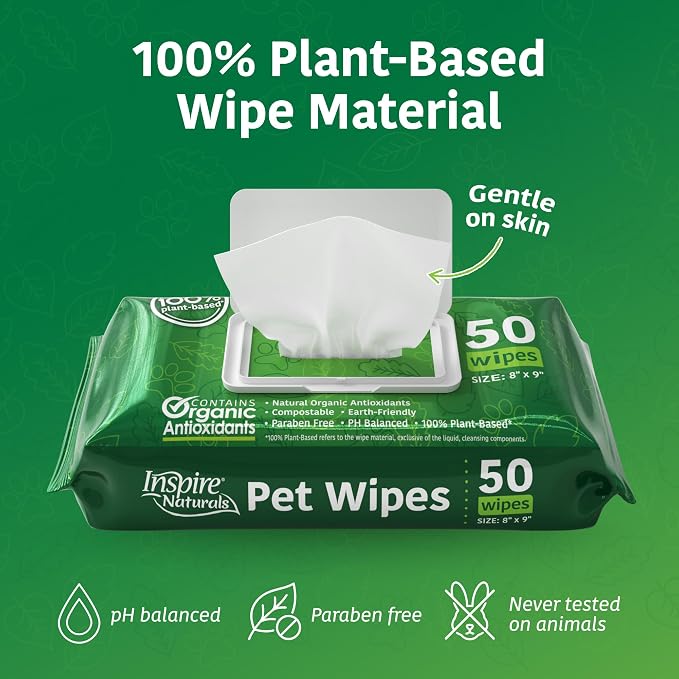 Inspire Naturals Pet Wipes for Dogs and Cats 100% Natural Plant Based with Organic Antioxidants, Dog Wipe Cleaning Deodorizing | Cat Wipes | Puppy Wipes | Dog Wipes for Paws and Butt (200ct - 4 Pack)