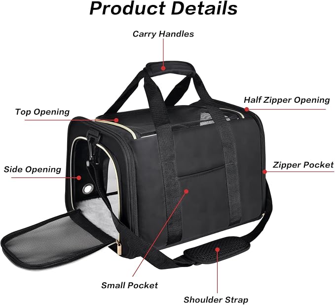 Petmolico Cat Carrier Soft-Sided Pet Bag for Small Medium Cats Puppies 16LBs - Airline Approved Pet Travel Carrier 3 Open Doors (Medium,Black)