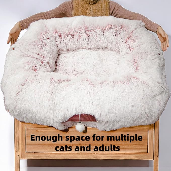 XxingSheep Extra Large Cat Tunnel Bed for Indoor Cats Peekaboo Cat Cave Donut with Center Mat,Pinkish White