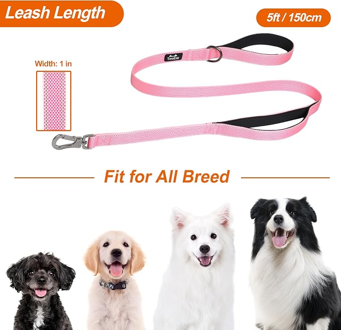 Twoear 6FT 1IN Heavy Duty Dog Leash for Large Dogs with 2 Padded Handles | Traffic Handle Extra Control, Auto Lock Hook, Strong Reflective Walking Leash for Night Safety, Medium and Large Breeds,Pink