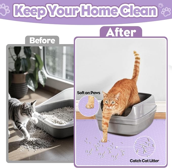 Silicone Cat Litter Mat for Litter Box 34”x22” Large Cat Mat, Purple | Waterproof, Non-Slip, Leak-Proof Rug Mat with Lip, Easy to Clean, Extra Large Litter Catcher Mat for Floor