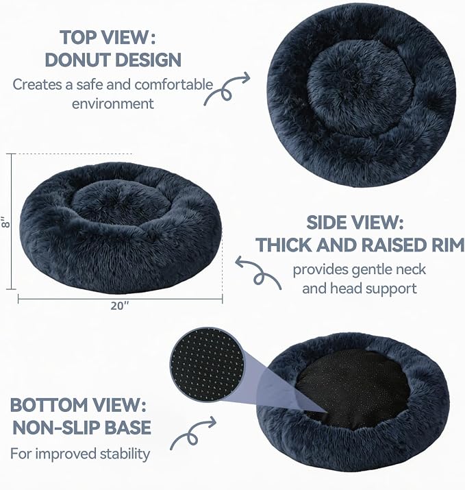Calming Donut Pet Bed for Cats & Small Dogs, Ultra Soft Fluffy Anti Anxiety Cat Bed with Raised Rim, Washable Plush Round Puppy Bed for Indoor Cats, Kittens, Chihuahua & Yorkie (Deep Grey, 20 Inch)