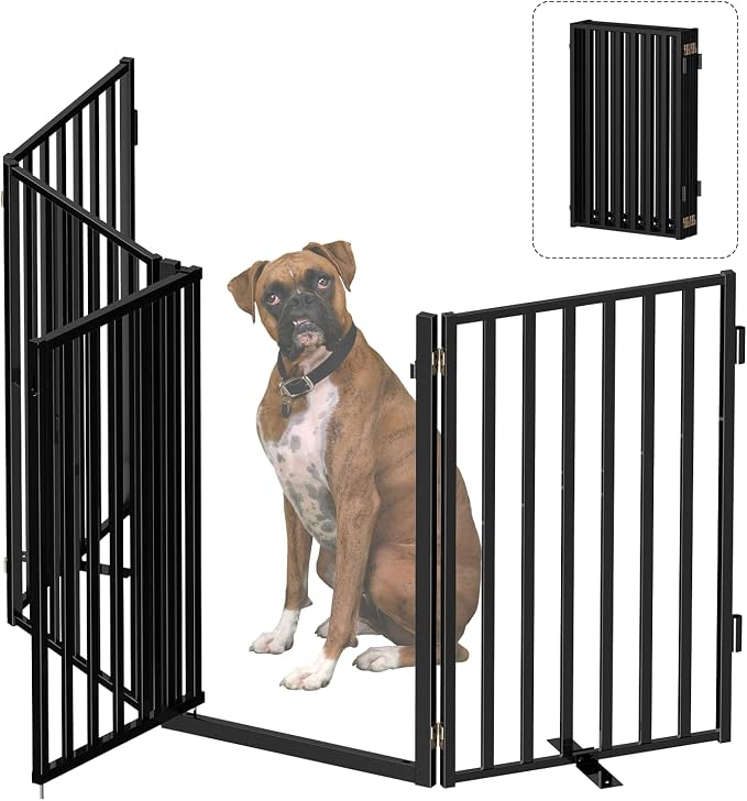 Dog Gate Free Standing with Door for Stairs, 36" Tall Dog Fence Freestanding Indoor Outdoor Use for Doorways, Metal Black 4 Panels, 36 inches High, 20 * 4 Inches w Wide