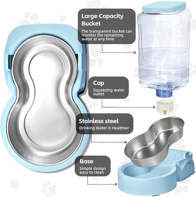 Portable Automatic Cat Feeder and Water Dispenser with Stainless Steel Bowl Dog Gravity Food Feeder and Waterer for Small Medium Pets Puppy Kitten 1 Gallon x 2 (Light Blue（3.8L*2）)