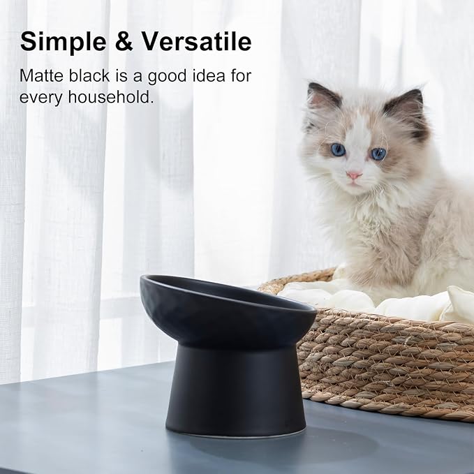 YauYik Ceramic Elevated Cat Bowls - 15°Tilted Cat Food Bowls for Indoor Cats, Whisker Fatigue Relief Shallow Cat Bowl, Anti Vomiting Raised Cat Feeding Bowls,8 Ounces, Black, 2 Pack