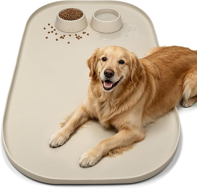 SMILOOL 36" x 24" x 1" Extra Large Silicone Pet Food Mat with Raised Edge for Food and Water Bowl, Dog Feeding Mats, Cat Food Trays for Floor Waterproof, Rubber Tray for Dogs and Cats, Beige