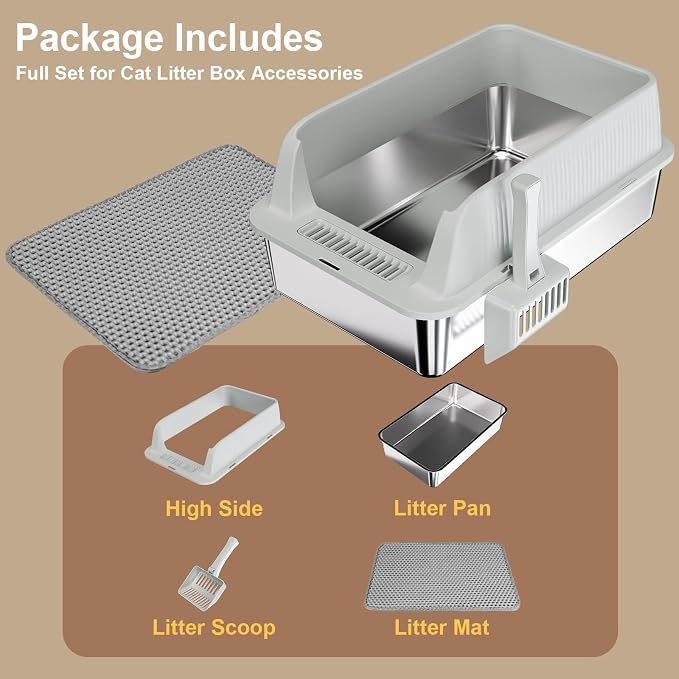 TENTIZON Stainless Steel Cat Litter Box, XL Large Metal Kitty Litterbox with High Side Lids, Litter Mat, Scooper for Big Cats, Kittens, No Odor, No Mess, Leak Proof, Easy Clean, Non Stick
