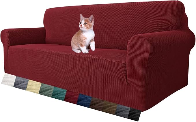 MAXIJIN Super Stretch Couch Cover for 3 Cushion Couch, 1-Piece Universal Sofa Covers Living Room Jacquard Spandex Furniture Protector Dogs Pet Friendly Fitted (Large, Wine Red)