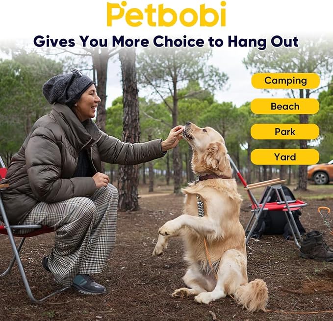 Petbobi Dog Tie Out Cable and Stake, 40ft Heavy Duty Dog Leads for Yard | 4in Shock Spring, 16in Spiral Ground Anchor, 360° No-Tangle Swivel, Chew-Proof Rustproof Wire, Up to 120 lbs, Outdoor Camping