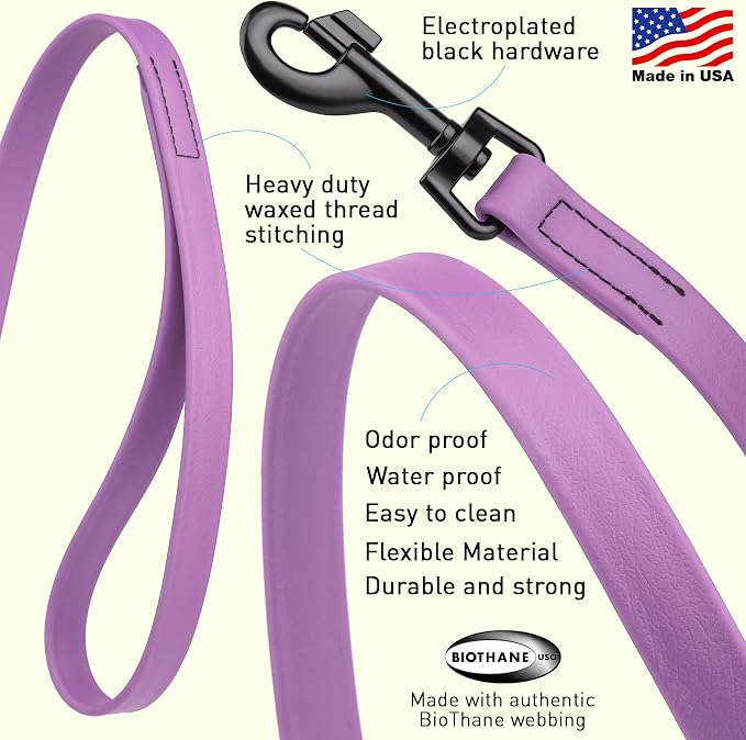 Dogline Biothane Waterproof Dog Leash Strong Coated Nylon Webbing with Black Hardware Odor-Proof Easy to Clean High Performance for Small or Large Dogs Made in USA 4 or 6 ft Lead, Amethyst Purple