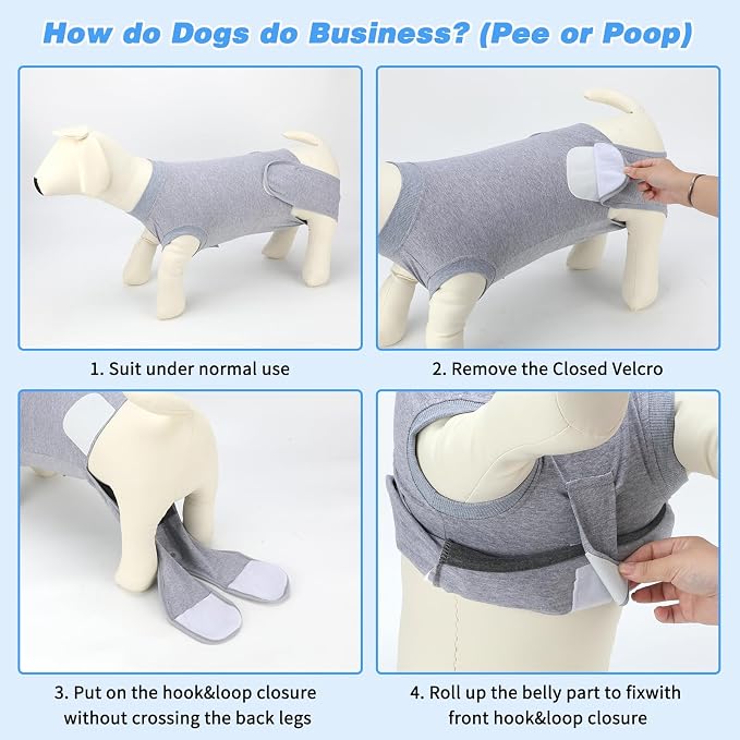 2 Packs Breathable Cotton Dog Recovery Suit for After Neuter Spay Abdominal Wounds Protector, Professional Anti-Licking Onesies for Male Female Pets Surgery Bandages, L Grey Blue Pure