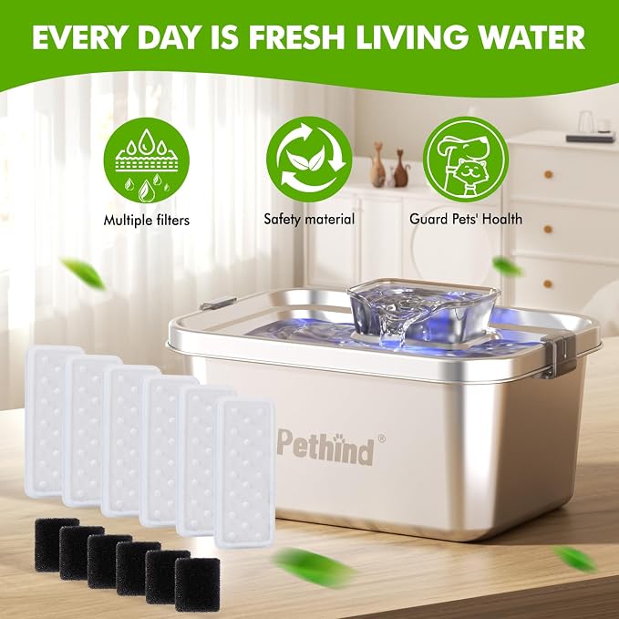 6 Pack Dog Water Fountain Filters and 6 Pack Sponges, Suitable for Stainless Steel Dog Water Fountain (PF-SS-01/PF-SS-02/PF-SS-03/PF-SS-04), High Efficiency Filtration, Idividual Package