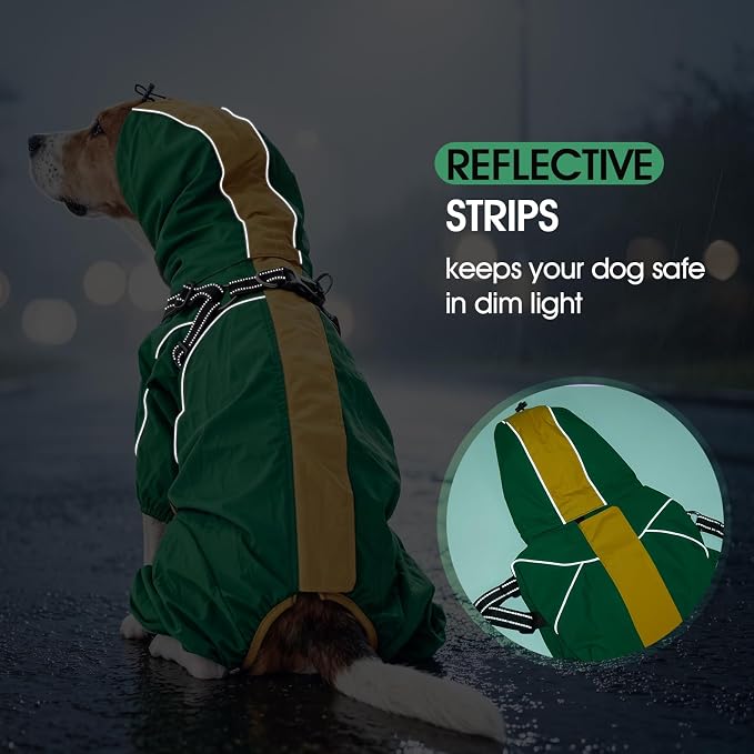 Lelepet Large Dog Raincoat with Harness, Green, XXL | Waterproof full body for rainy walking hiking, Adjustable detachable hood for flexible wear, Reflective stripes ensure safety