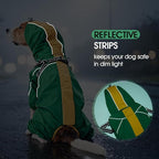 Lelepet Large Dog Raincoat with Harness, Green, XXL | Waterproof full body for rainy walking hiking, Adjustable detachable hood for flexible wear, Reflective stripes ensure safety