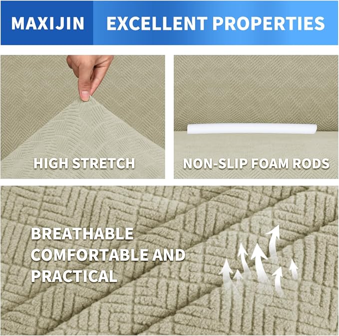 MAXIJIN Stretch Oversized Couch Covers for 3 Cushion Couch (91"-110"), 1-Piece Large Sofa Cover Slipcover Furniture Protector for Kids,Dogs (Extra Large, Diamond Pattern Khaki)