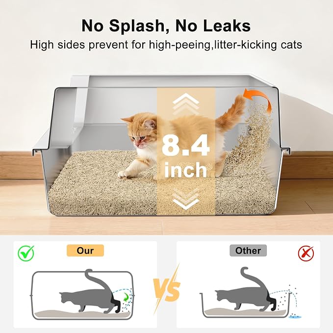 FURTIME Stainless Steel Cat Litter Box, Small Cats Metal Litter Box | High-Sided Open-Top Easy-Clean Litter Pan, Non-Stick, Anti-Leakage, Odor-Free, Comes with Scoop & Mat, 17"×13"×8.4"